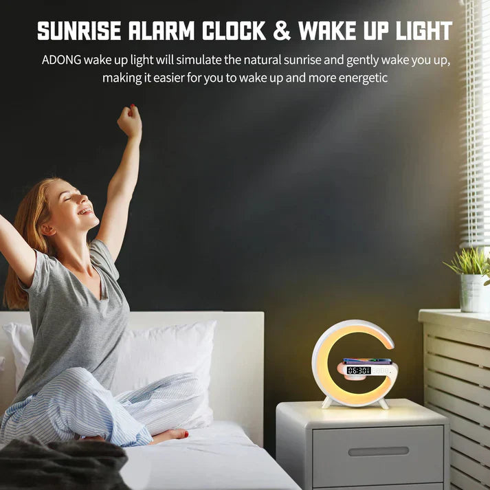 Multifunction Wireless Charging Dock Station with RGB Light, Alarm Clock & Bluetooth Speaker – Fast Charging for iPhone, Samsung, Xiaomi