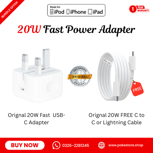 ⚡ Original iPhone 20W PD 3-Pin Power Adapter + FREE Data Cable | Fast Charging | iPhone Compatible