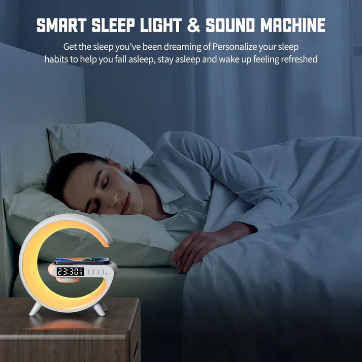 Multifunction Wireless Charging Dock Station with RGB Light, Alarm Clock & Bluetooth Speaker – Fast Charging for iPhone, Samsung, Xiaomi