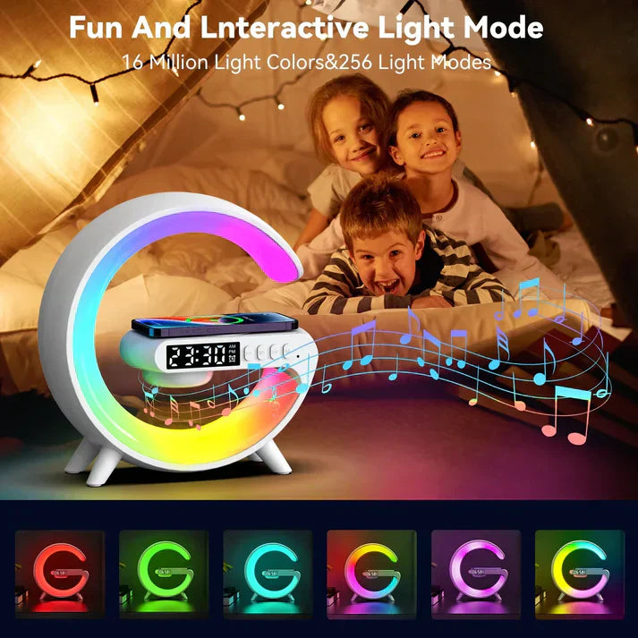 Multifunction Wireless Charging Dock Station with RGB Light, Alarm Clock & Bluetooth Speaker – Fast Charging for iPhone, Samsung, Xiaomi